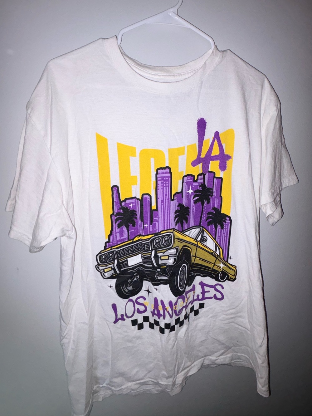 White 'Los Angeles' Graphic Tee with Yellow & Purple Car Design
